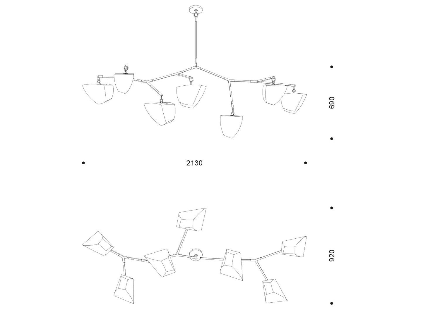 Technische Zeichnung der Deckenleuchte C7 mit acht Schirmen; Spannweite 2130 mm, Höhe 690 mm.
Technical drawing of C7 ceiling light with eight shades; width 2130 mm, height 690 mm.