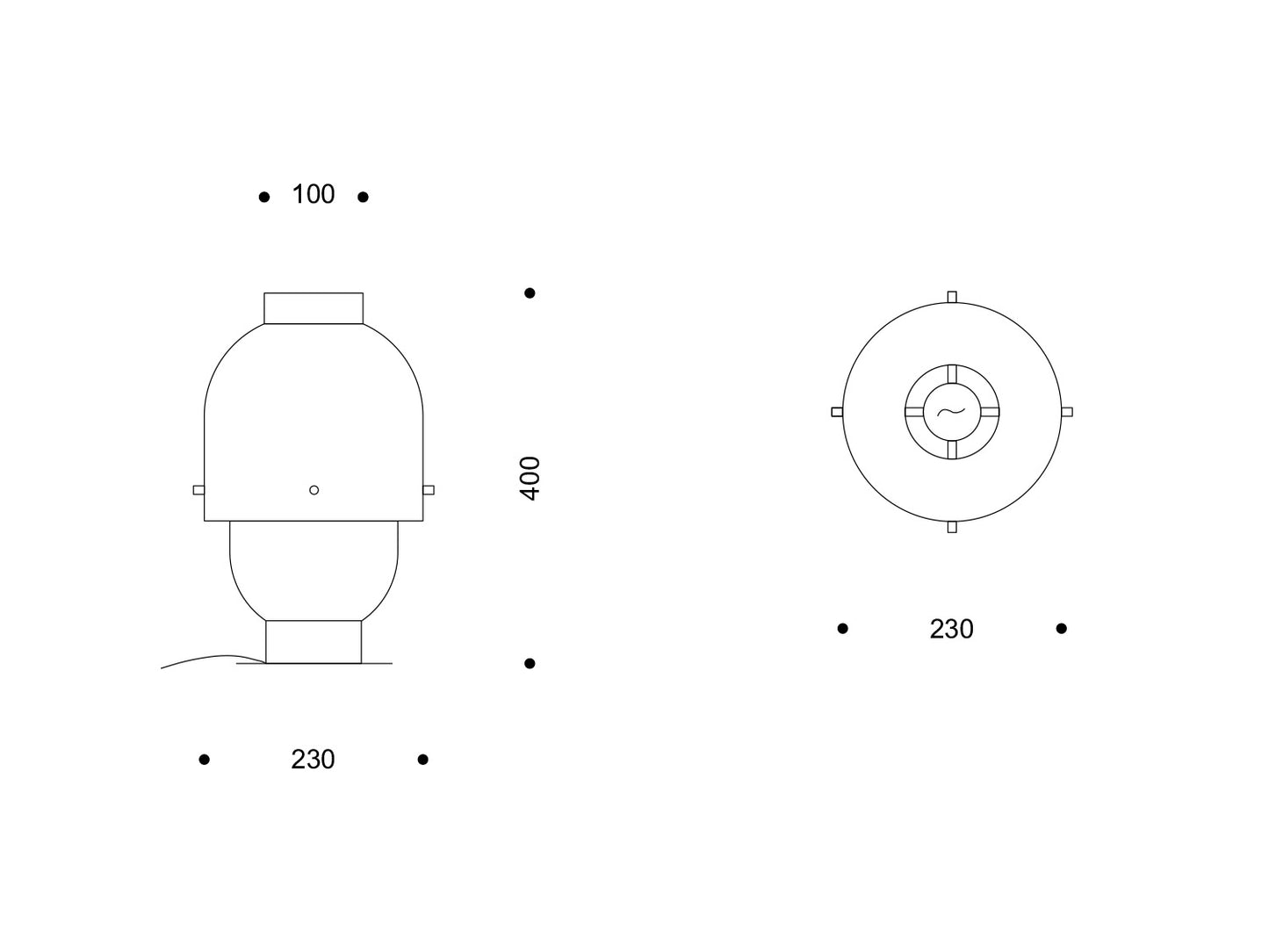 Technische Zeichnung der Leuchte „Colo“ in Seiten- und Aufsicht; Ø 230 mm, Gesamthöhe 400 mm, obere Öffnung 100 mm.
Technical drawing of the “Colo” luminaire in side and top view; Ø 230 mm, overall height 400 mm, top opening 100 mm.