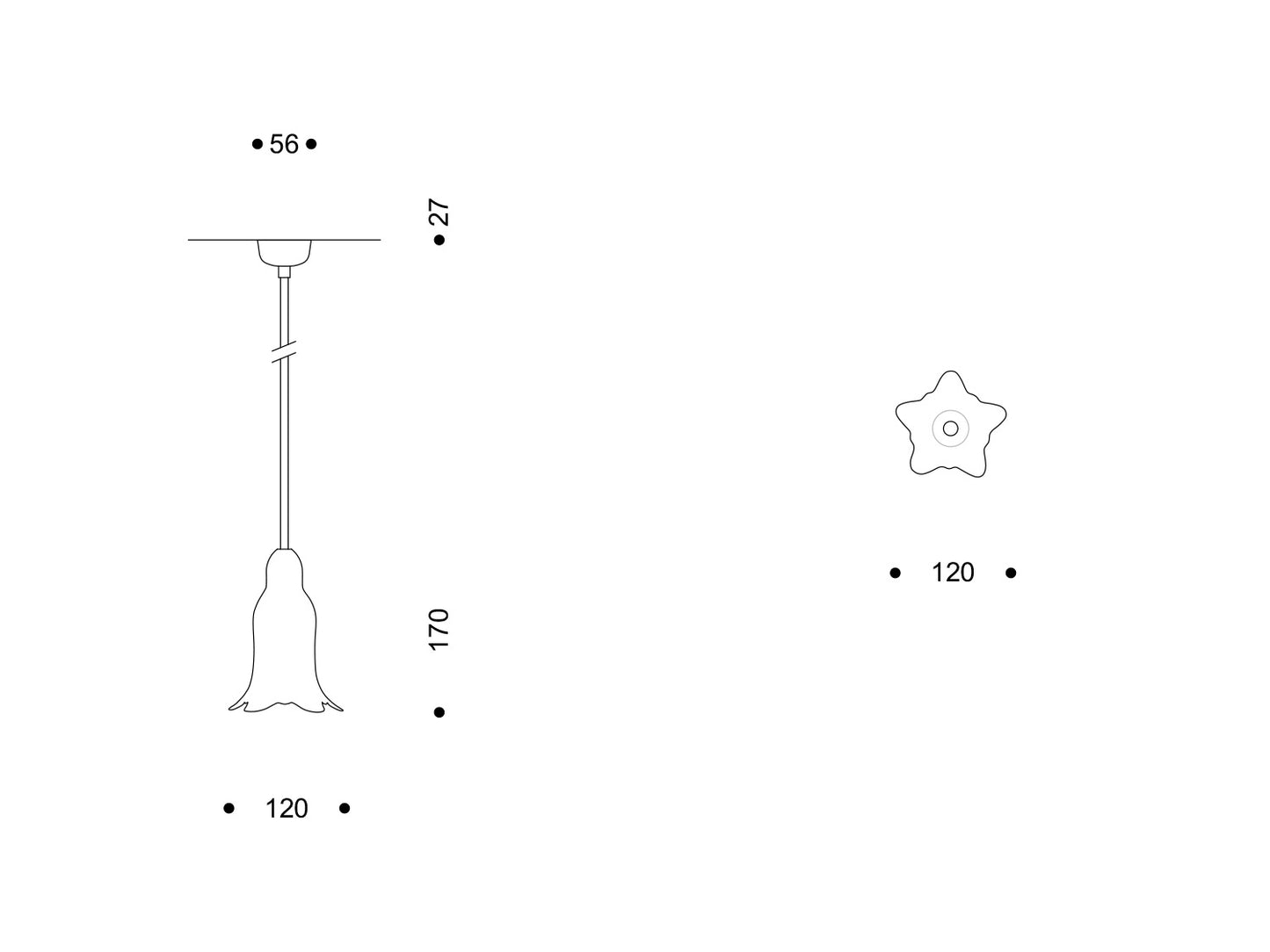 Technische Zeichnung der Pendelleuchte Gentiana Alba; Schirm Ø 120 mm, Höhe 170 mm.
Technical drawing of Gentiana Alba pendant; shade Ø 120 mm, height 170 mm.