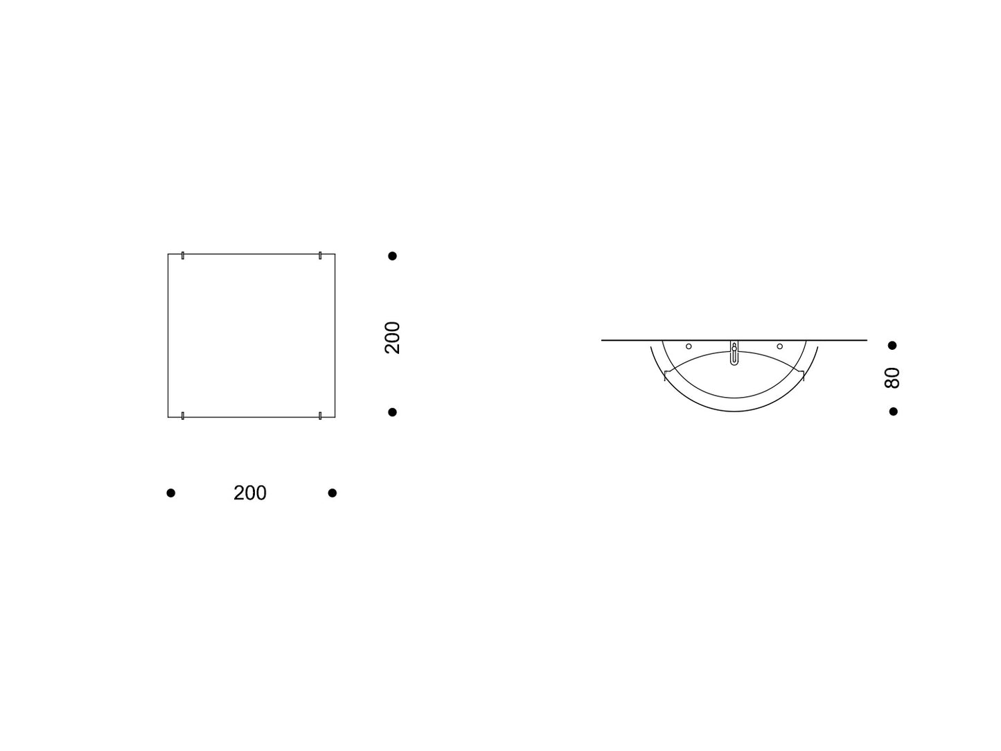 Technische Zeichnung Luna, quadratische Wand/Deckenleuchte 190 × 190 mm, Aufbauhöhe 94 mm.
Technical drawing Luna, square wall/ceiling light 190 × 190 mm, projection 94 mm.
