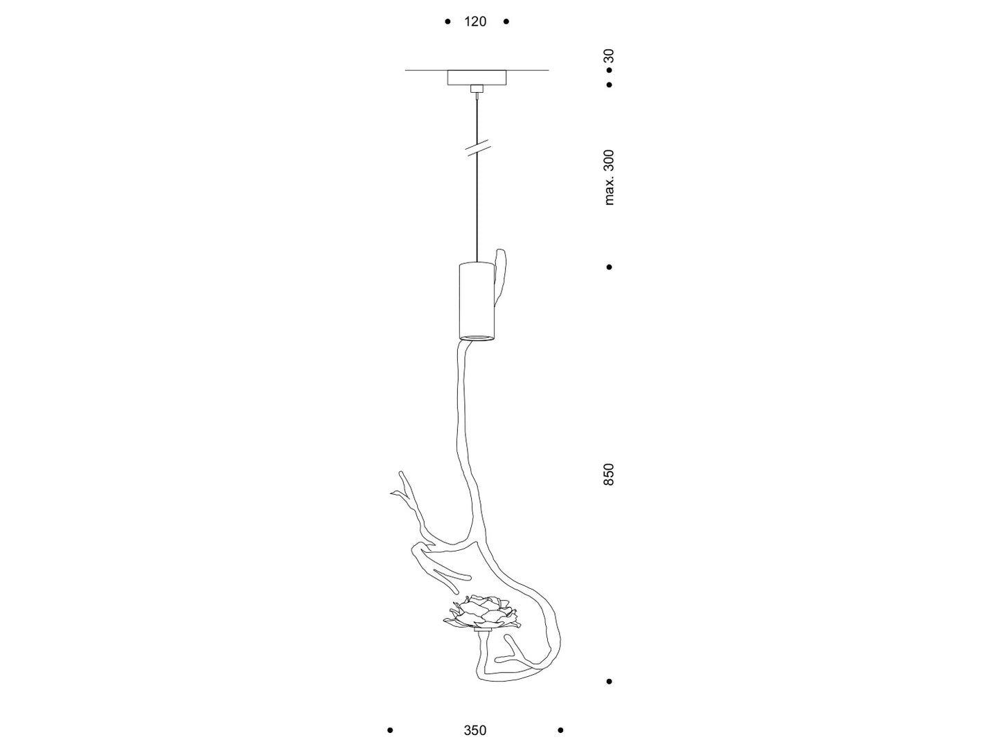 Technische Zeichnung der skulpturalen Pendelleuchte Orpheus; Gesamthöhe 850 mm, Breite 350 mm, Baldachin Ø 120 mm, Abhängung max. 300 mm.
Technical drawing of sculptural Orpheus pendant; overall height 850 mm, width 350 mm, canopy Ø 120 mm, drop max 300 mm.