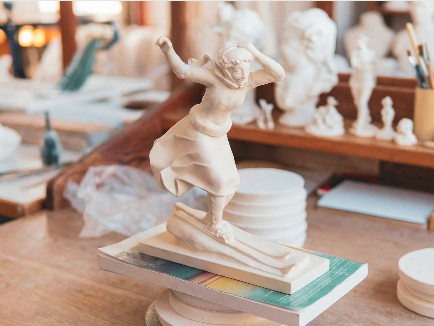 Unglasierte Porzellanfigur einer Skifahrerin auf einem Drehteller im Atelier, umgeben von weiteren weißen Modellen und Arbeitsmaterialien.
Unglazed porcelain figurine of a female skier on a turntable in the studio, surrounded by other white models and workshop materials.