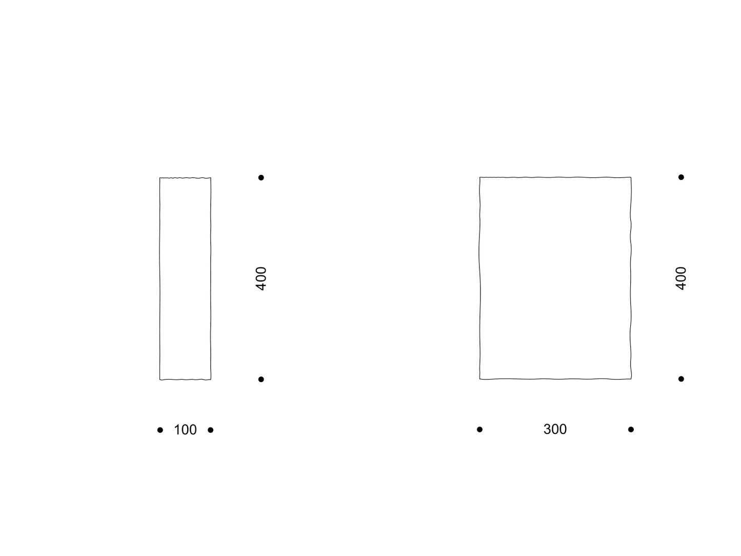 Zwei weiße Porzellanplatten mit papierartig gerissenen Kanten in 100 × 400 mm und 300 × 400 mm.
Two white porcelain slabs with paper-like torn edges, sized 100 × 400 mm and 300 × 400 mm.