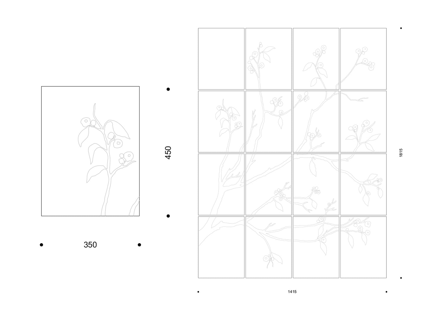 Kirschblüten-Dekor als Einzelpaneel 350 × 450 mm und als 3 × 4 Wandbild 1415 × 1615 mm.
Cherry blossom motif as a 350 × 450 mm single panel and a 3 × 4 wall mural measuring 1415 × 1615 mm.