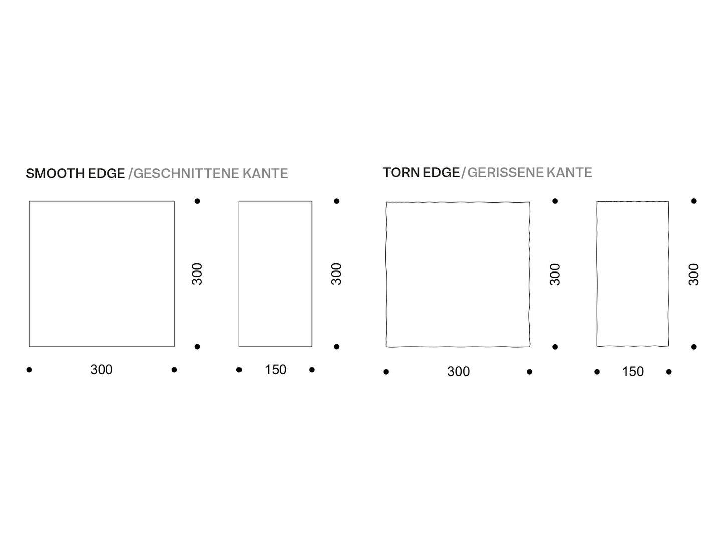 Vier Kacheln, davon zwei mit bewusst unregelmäßiger, „gerissener“ Kante, zwei mitgerader Kante: 170×250 mm, 170×170 mm, 80×160 mm und 80×80 mm (Maße beschriftet).
Four tiles, two with intentionally irregular “torn” edges, two with straight edges: 170×250 mm, 170×170 mm, 80×160 mm and 80×80 mm (dimensions labelled).