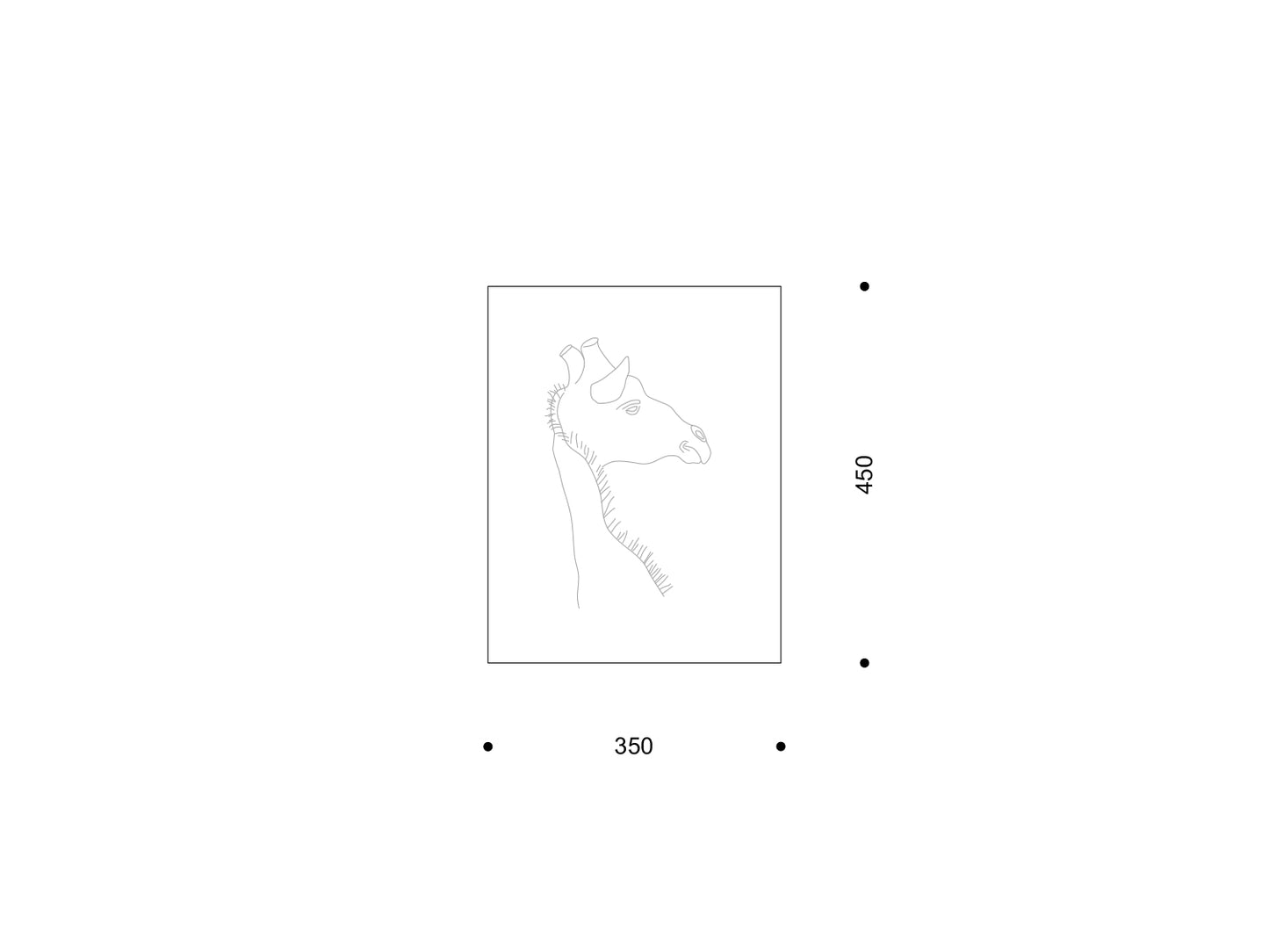 Technische Zeichnung der Fliese „Safari“ im Format 350 × 450 mm mit feiner Giraffen-Kontur; Maßangaben am Rand.
Technical drawing of the “Safari” tile, 350 × 450 mm, with a fine giraffe outline; dimensions indicated.