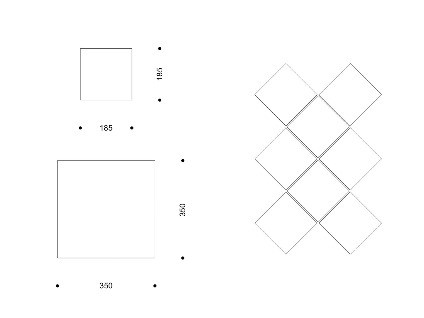 Technische Zeichnung „Terre Antique“ mit Quadratformaten 185 × 185 mm und 350 × 350 mm; rechts Verlegebeispiel als diagonales Rautenmuster.
Technical drawing “Terre Antique” in 185 × 185 mm and 350 × 350 mm squares; right side shows a diagonal diamond layout.