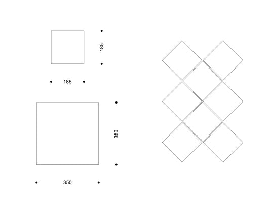 Technische Zeichnung „Terre Antique“ mit Quadratformaten 185 × 185 mm und 350 × 350 mm; rechts Verlegebeispiel als diagonales Rautenmuster.
Technical drawing “Terre Antique” in 185 × 185 mm and 350 × 350 mm squares; right side shows a diagonal diamond layout.