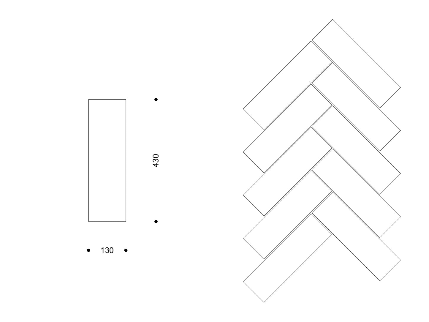 Technische Zeichnung: schmales Rechteckformat 130×430 mm und rechts ein Beispiel der Fischgrät-Verlegung mit diesen Elementen.
Technical drawing: slender rectangular tile 130×430 mm with a sample herringbone layout using this format.