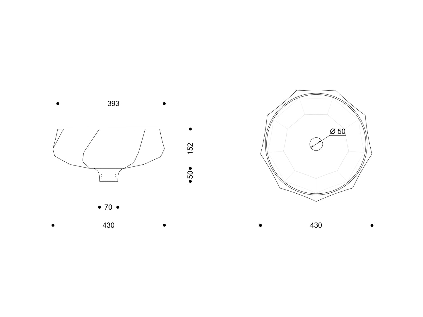 Technische Zeichnung des runden, facettierten Nymphenburg-Waschbeckens „Lightscape“, Durchmesser 430 mm, Höhe 152 mm, Ablauföffnung Ø 50 mm; Seiten- und Draufsicht mit polygonaler Innengeometrie.
Technical drawing of the round, faceted Nymphenburg “Lightscape” washbasin, diameter 430 mm, height 152 mm, waste opening Ø 50 mm; side and top view with polygonal inner geometry.