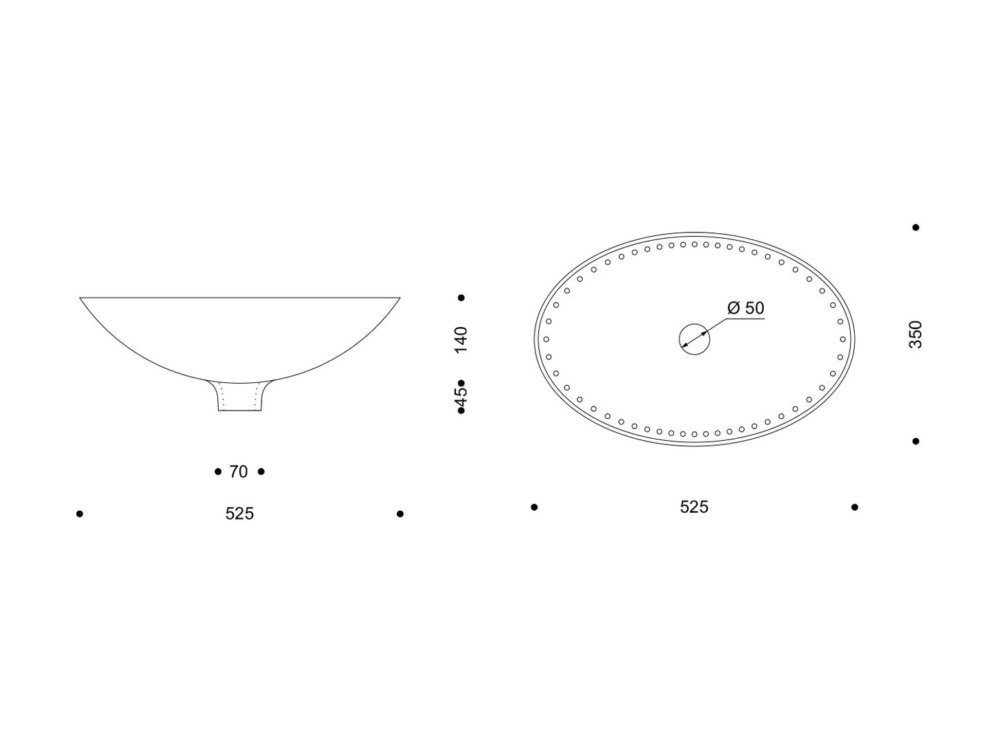 Technische Zeichnung des ovalen Nymphenburg-Waschbeckens „Perl“ mit umlaufendem Perlrand, Außenmaß 525 × 350 mm, Höhe 140 mm, Ablauföffnung Ø 50 mm; Seiten- und Draufsicht.
Technical drawing of the oval Nymphenburg “Perl” washbasin with beaded rim, 525 × 350 mm, height 140 mm, waste opening Ø 50 mm; side and top view.