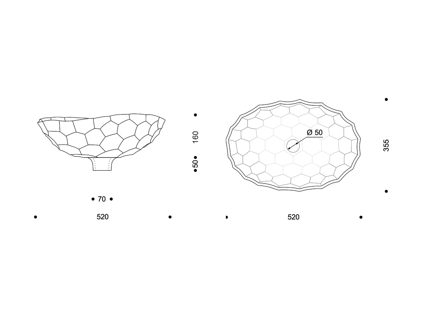 Technische Zeichnung des ovalen Nymphenburg-Waschbeckens „Tortoise“ mit schildkrötenartig segmentierter Oberfläche, 520 × 355 mm, Höhe 160 mm, Ablauföffnung Ø 50 mm; Seiten- und Draufsicht.
Technical drawing of the oval Nymphenburg “Tortoise” washbasin with turtle-shell style segmentation, 520 × 355 mm, height 160 mm, waste opening Ø 50 mm; side and top view.
