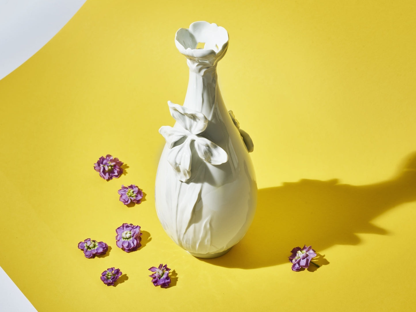 Eine elegante, weiße Vase mit floralen Reliefdetails steht auf einem leuchtend gelben Hintergrund. Um die Vase herum liegen mehrere kleine, violette Blüten. Starkes Sonnenlicht wirft einen markanten Schatten der Vase nach rechts und sorgt für einen kontrastreichen, modernen Stillleben-Look.
An elegant white vase with floral relief details stands on a bright yellow background. Several small purple flowers are scattered around the vase. Strong sunlight casts a dramatic shadow to the right, cre