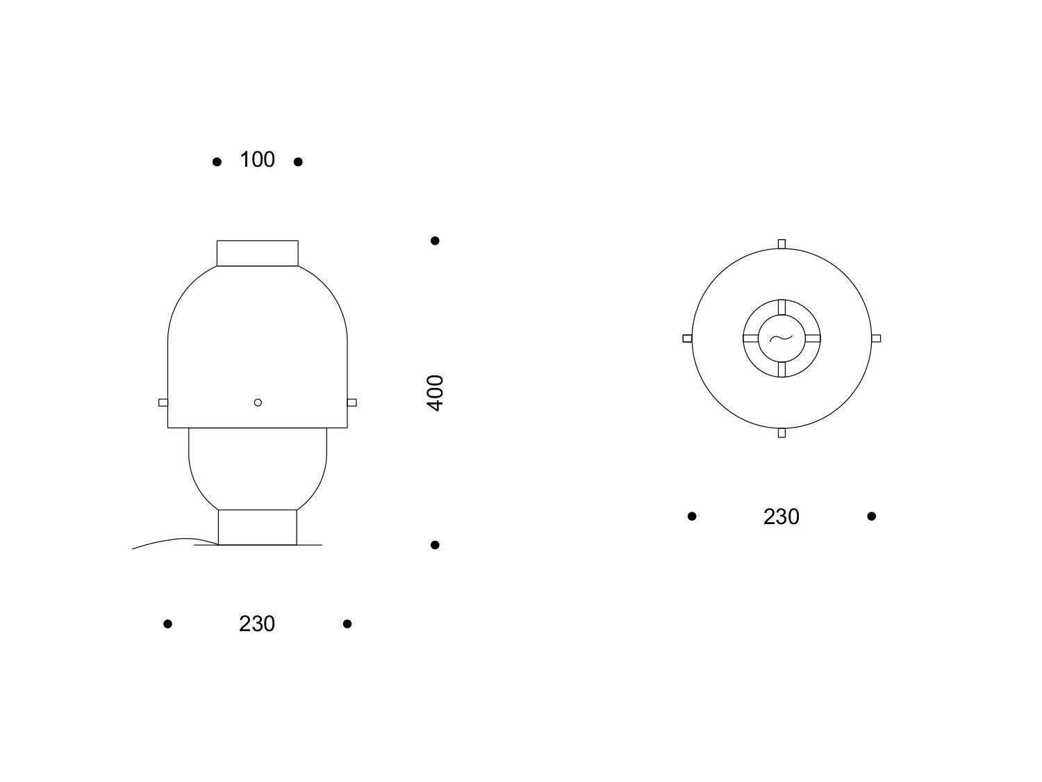 Technische Zeichnung der Leuchte „Colo“ in Seiten- und Aufsicht; Ø 230 mm, Gesamthöhe 400 mm, obere Öffnung 100 mm.

Technical drawing of the “Colo” luminaire in side and top view; Ø 230 mm, overall height 400 mm, top opening 100 mm.