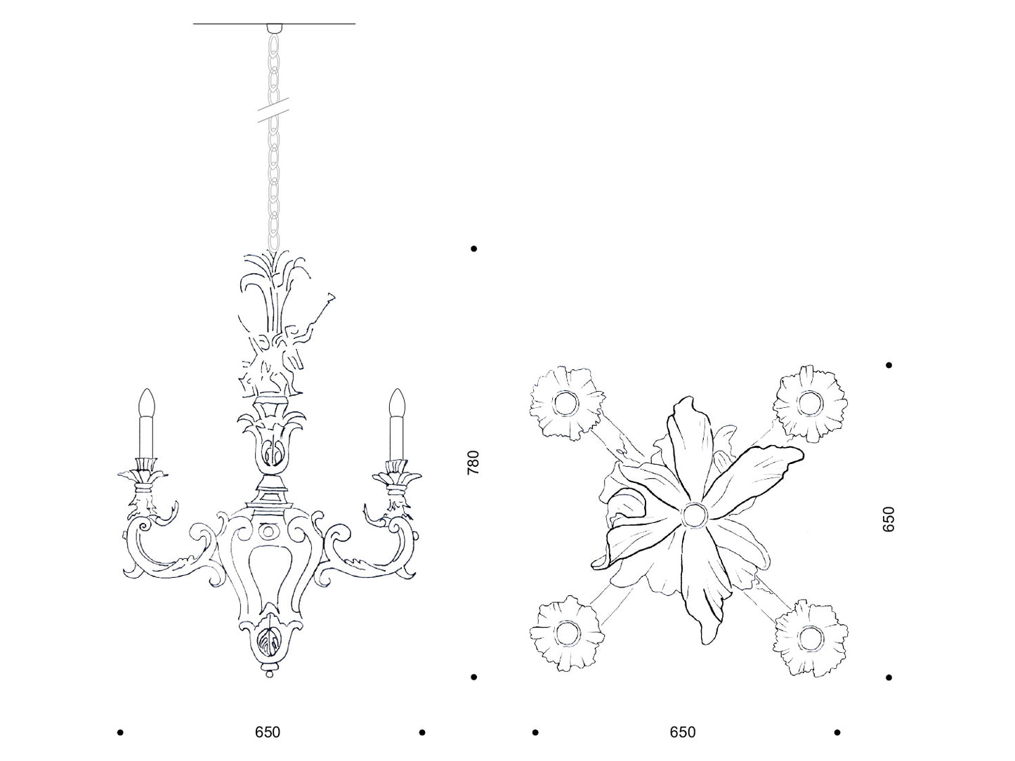Technische Zeichnung des barocken Kronleuchters „Conrad“, vier Flammen; Ø/Spannweite 650 mm, Höhe 780 mm.

Technical drawing of the baroque “Conrad” chandelier, four lights; 650 mm span, 780 mm high.