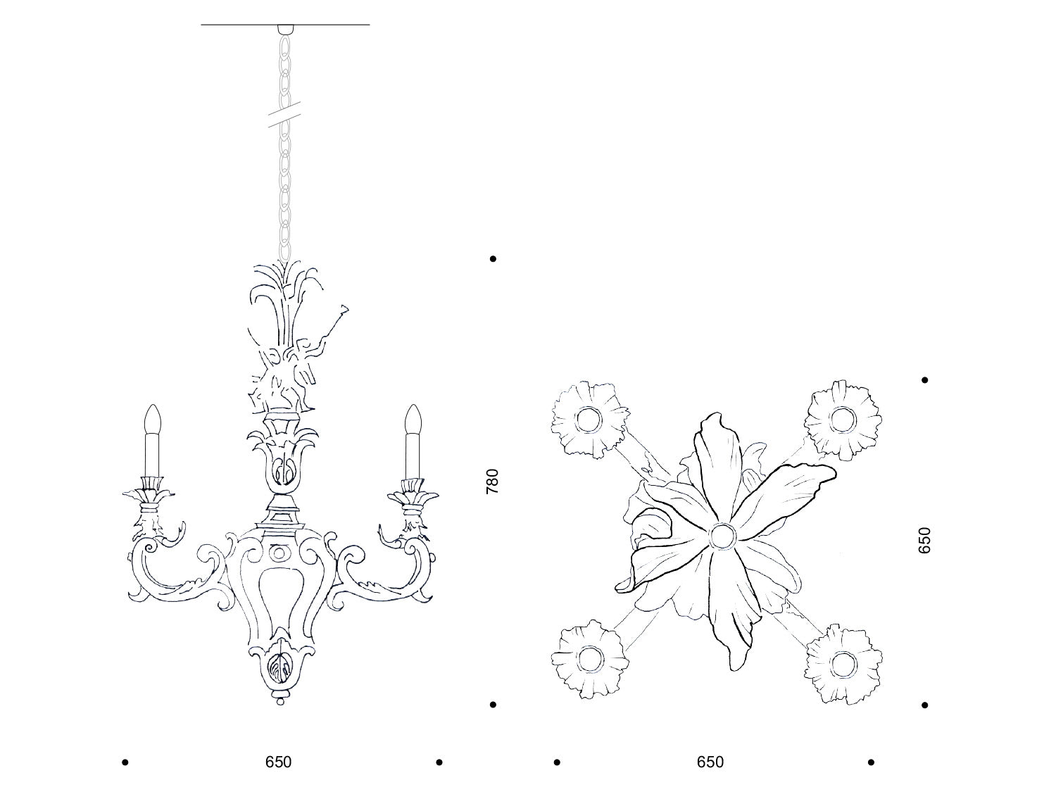 Technische Zeichnung des barocken Kronleuchters „Conrad“, vier Flammen; Ø/Spannweite 650 mm, Höhe 780 mm.

Technical drawing of the baroque “Conrad” chandelier, four lights; 650 mm span, 780 mm high.