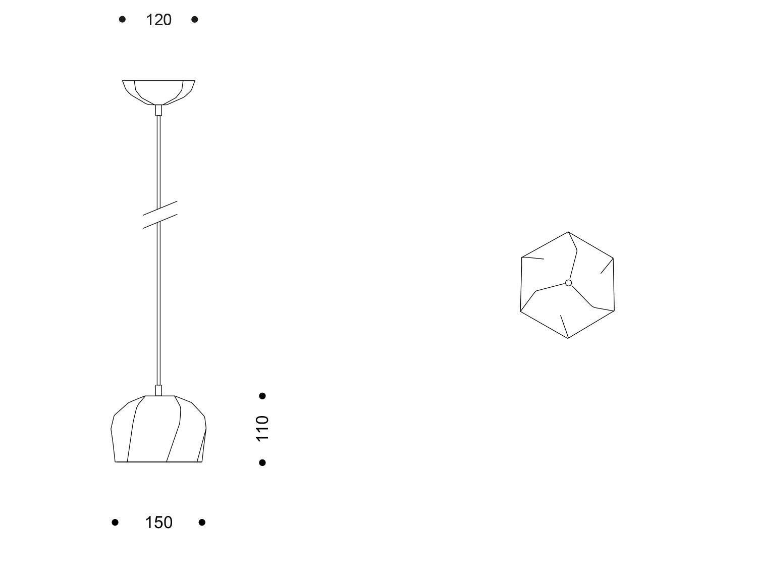 Technische Zeichnung Lightscape β, breite Pendelleuchte; Schirm Ø 150 mm, Höhe 110 mm.

Technical drawing Lightscape β, wide pendant; shade Ø 150 mm, height 110 mm.