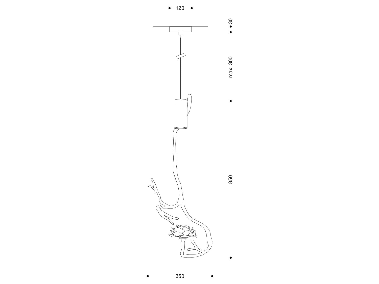 Technische Zeichnung der skulpturalen Pendelleuchte Orpheus; Gesamthöhe 850 mm, Breite 350 mm, Baldachin Ø 120 mm, Abhängung max. 300 mm.

Technical drawing of sculptural Orpheus pendant; overall height 850 mm, width 350 mm, canopy Ø 120 mm, drop max 300 mm.