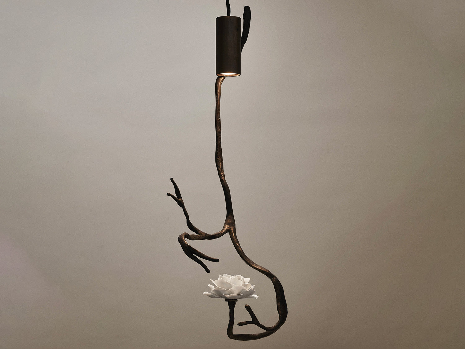 Pendelleuchte mit skulpturalem Ast aus dunklem Metall und weißer Porzellanblüte.

Pendant light with a sculptural branch in dark metal and a white porcelain flower.