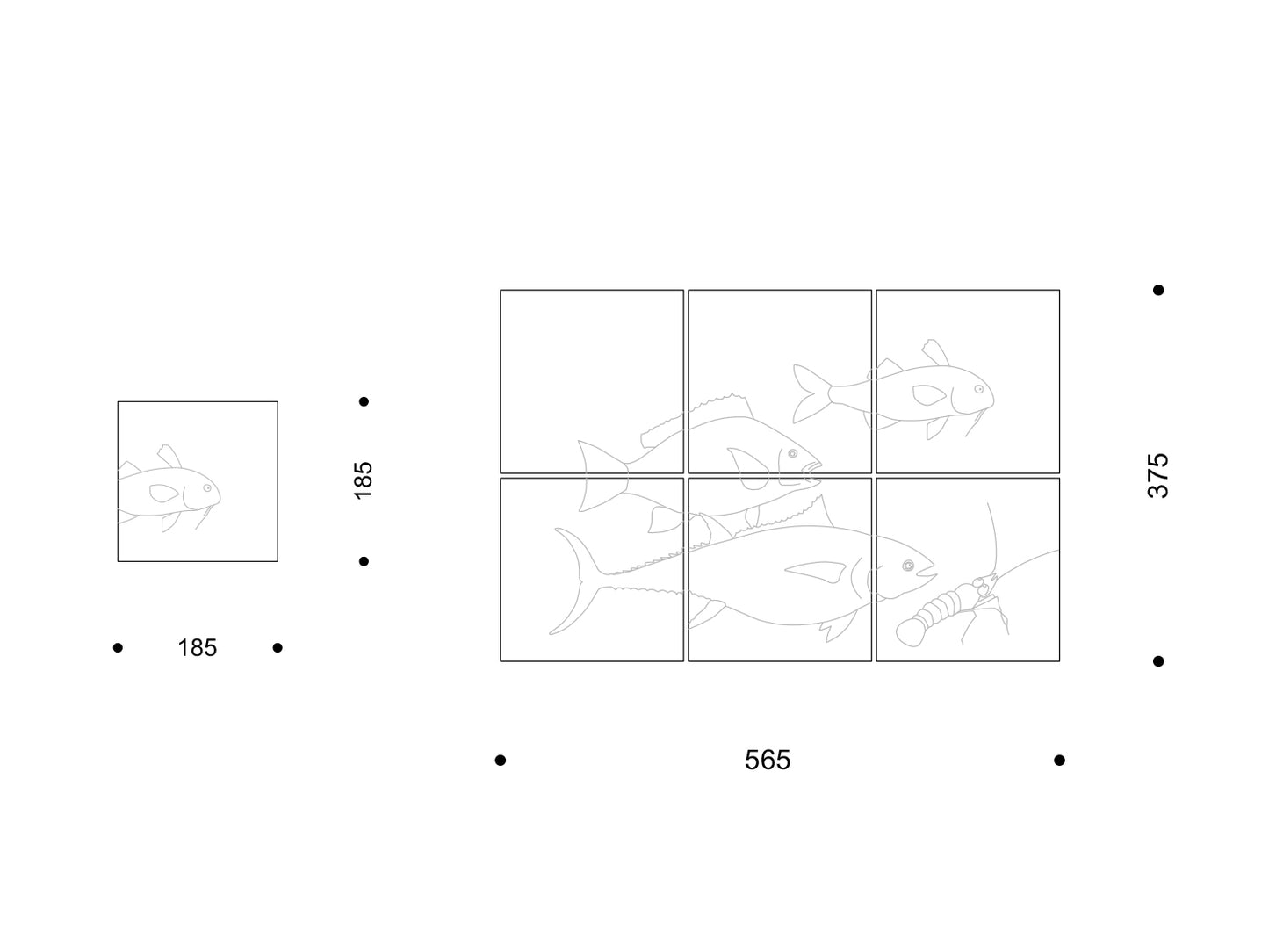 Technische Zeichnung: eine quadratische Kachel (185 mm) mit Fischmotiv und ein 2×3-Tableau (565 × 375 mm) mit zusammenhängender Unterwasser-Szene.

Technical drawing: one square tile (185 mm) with a fish motif and a 2×3 panel (565 × 375 mm) forming a continuous underwater scene.