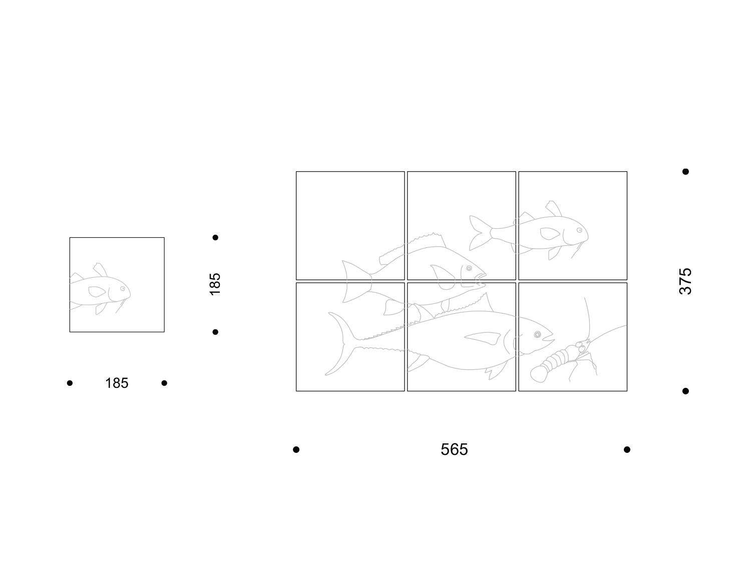 Technische Zeichnung: eine quadratische Kachel (185 mm) mit Fischmotiv und ein 2×3-Tableau (565 × 375 mm) mit zusammenhängender Unterwasser-Szene.

Technical drawing: one square tile (185 mm) with a fish motif and a 2×3 panel (565 × 375 mm) forming a continuous underwater scene.