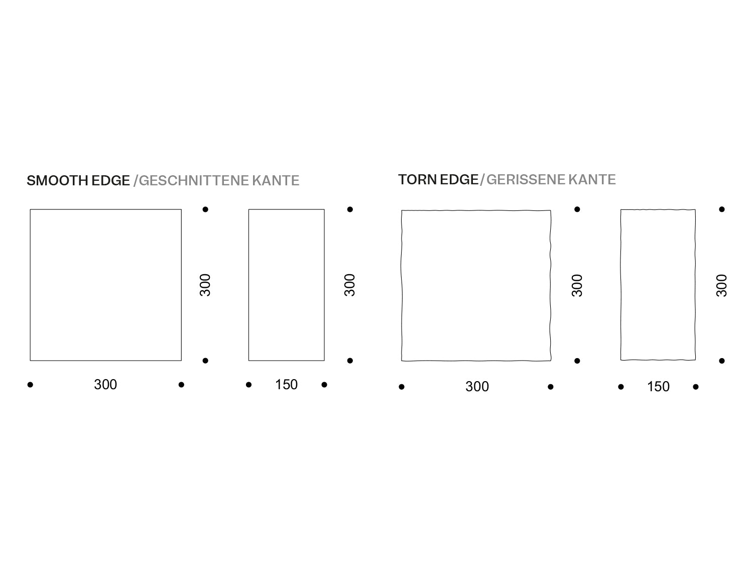 Vier Kacheln, davon zwei mit bewusst unregelmäßiger, „gerissener“ Kante, zwei mitgerader Kante: 170×250 mm, 170×170 mm, 80×160 mm und 80×80 mm (Maße beschriftet).

Four tiles, two with intentionally irregular “torn” edges, two with straight edges: 170×250 mm, 170×170 mm, 80×160 mm and 80×80 mm (dimensions labelled).