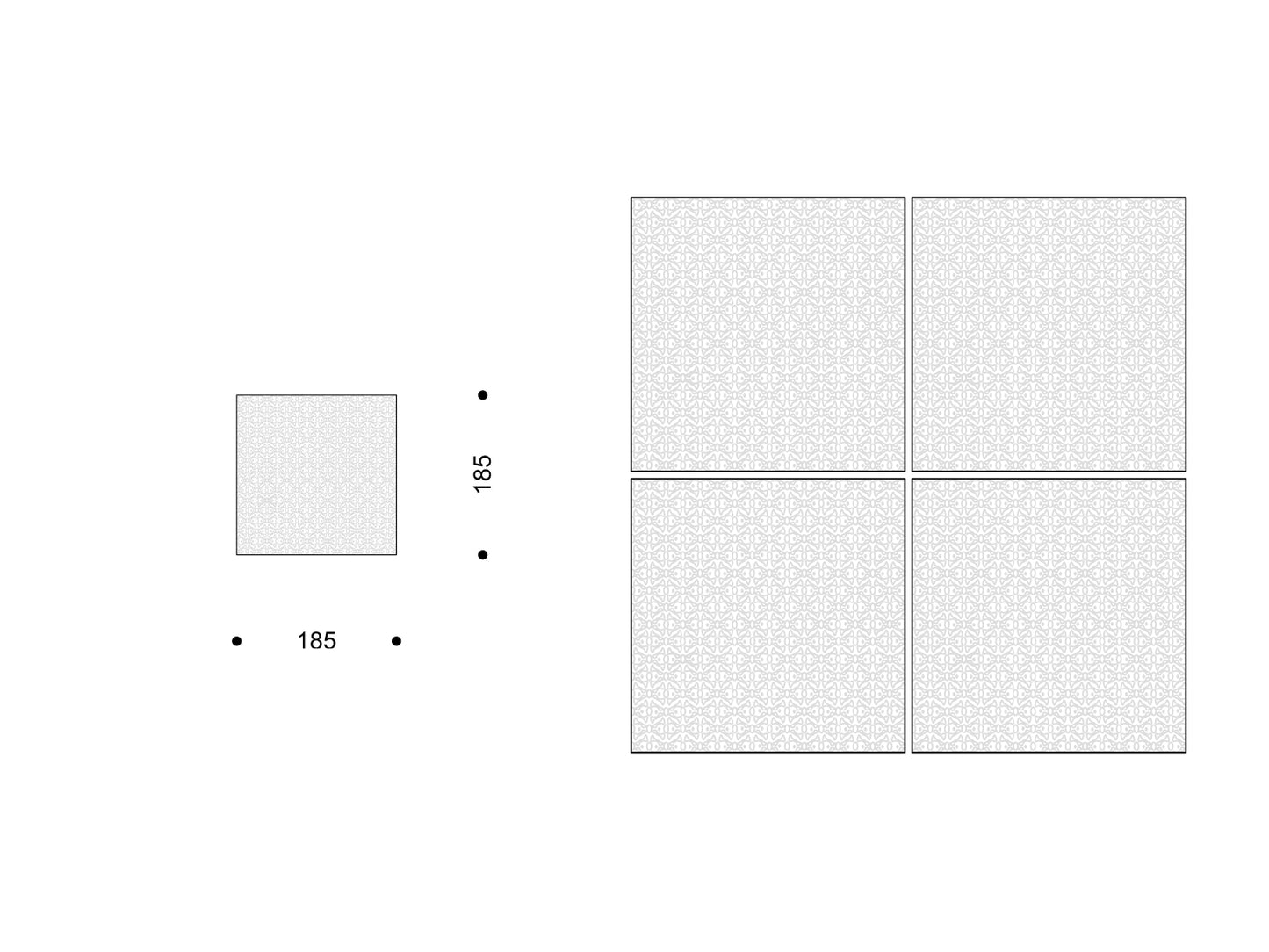 Rutschhemmende Strukturfliese 185 × 185 mm; Darstellung als 2 × 2 Anordnung.

Slip-resistant textured tile, 185 × 185 mm; shown in a 2 × 2 arrangement.