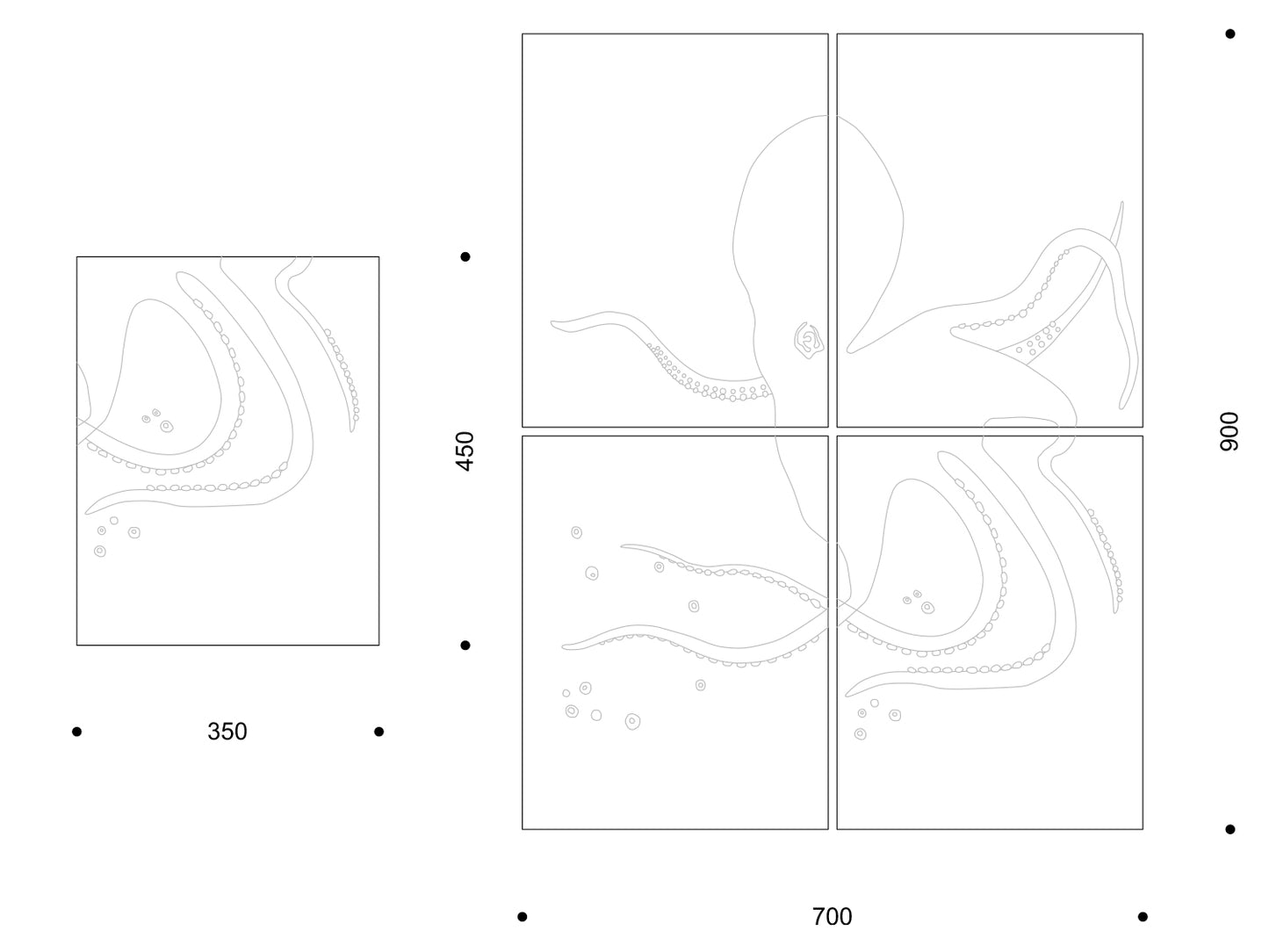 Oktopus-Dekor als 2 × 2 Wandbild 700 × 900 mm und als Einzelpaneel 350 × 450 mm.

Octopus motif as a 2 × 2 mural (700 × 900 mm) and a 350 × 450 mm single panel.