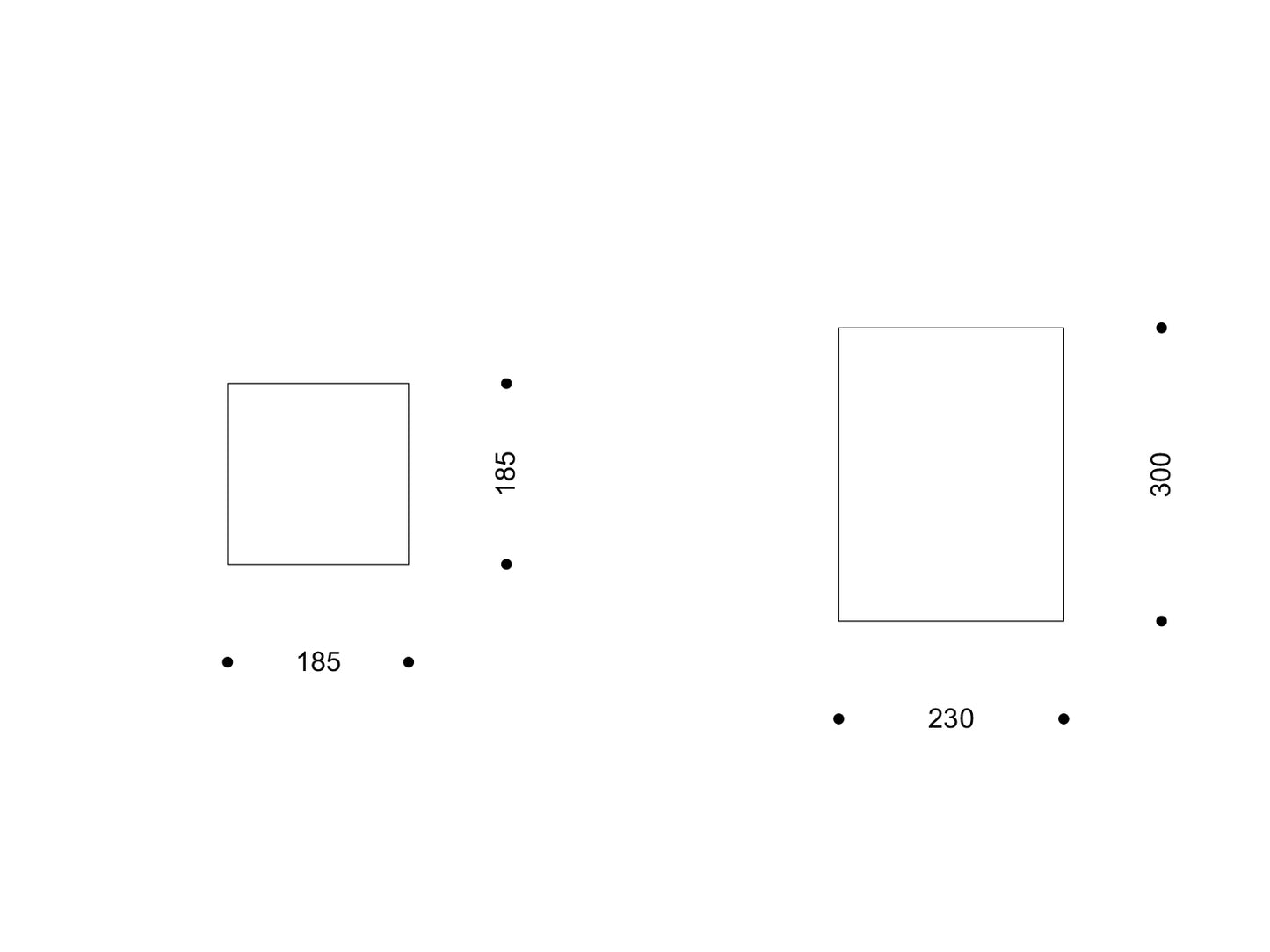 Technische Zeichnung der Fliese „Raindrops“ mit zwei Formaten: 185 × 185 mm (Quadrat) und 230 × 300 mm (Rechteck), jeweils mit Maßangaben.

Technical drawing of the “Raindrops” tile in two sizes: 185 × 185 mm (square) and 230 × 300 mm (rectangle), with dimensions.