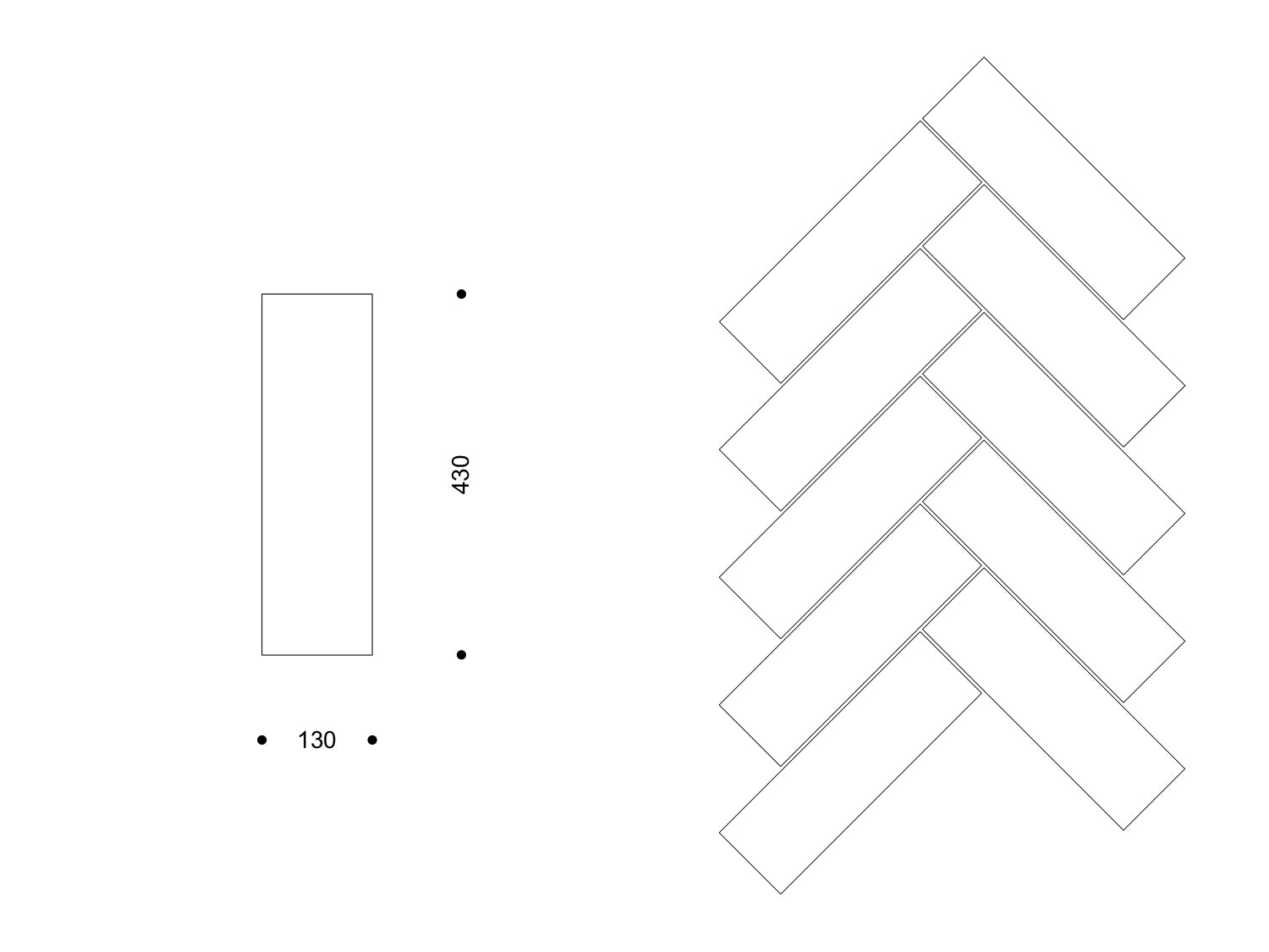 Technische Zeichnung: schmales Rechteckformat 130×430 mm und rechts ein Beispiel der Fischgrät-Verlegung mit diesen Elementen.

Technical drawing: slender rectangular tile 130×430 mm with a sample herringbone layout using this format.